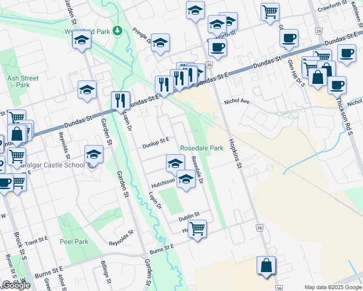 map of restaurants, bars, coffee shops, grocery stores, and more near 320 Dovedale Drive in Whitby