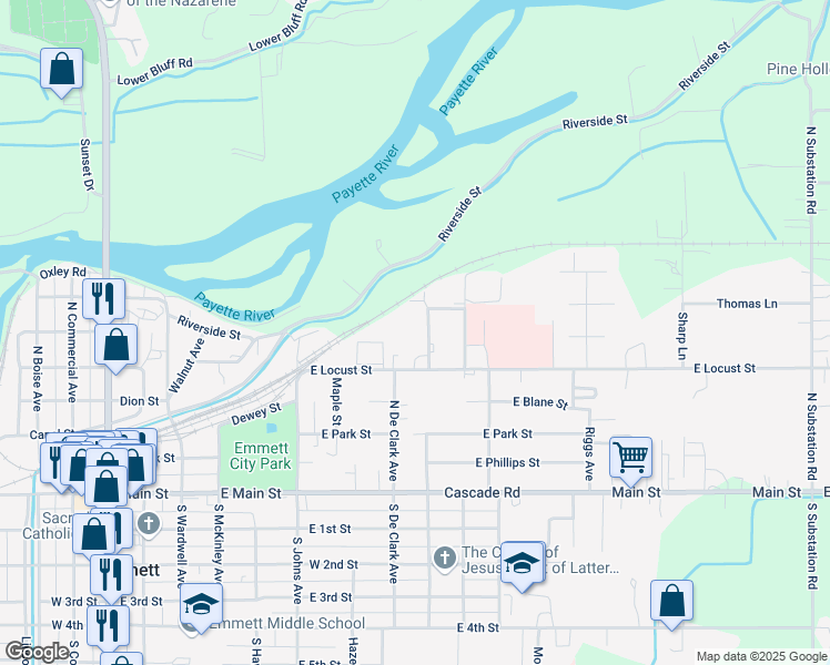 map of restaurants, bars, coffee shops, grocery stores, and more near 906 East Locust Street in Emmett