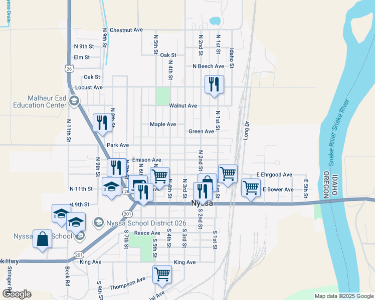 map of restaurants, bars, coffee shops, grocery stores, and more near 211 Emison Avenue in Nyssa