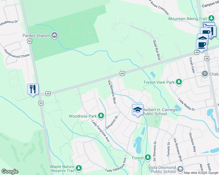 map of restaurants, bars, coffee shops, grocery stores, and more near 5 Countrywide Court in Vaughan
