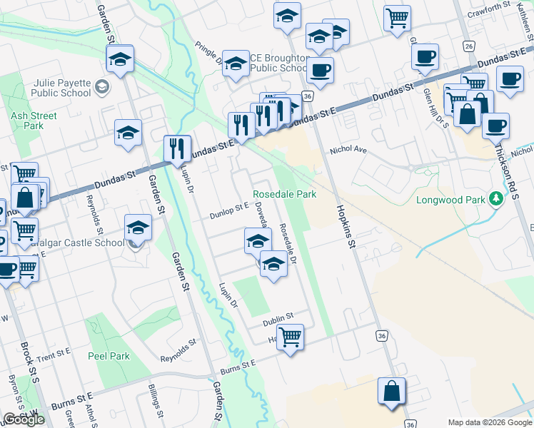 map of restaurants, bars, coffee shops, grocery stores, and more near 311 Dovedale Drive in Whitby