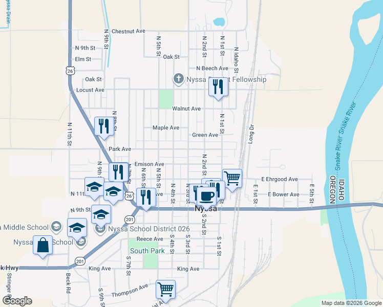map of restaurants, bars, coffee shops, grocery stores, and more near 211 Emison Avenue in Nyssa