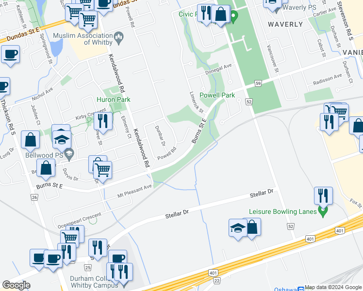map of restaurants, bars, coffee shops, grocery stores, and more near 3 Cawker Court in Whitby