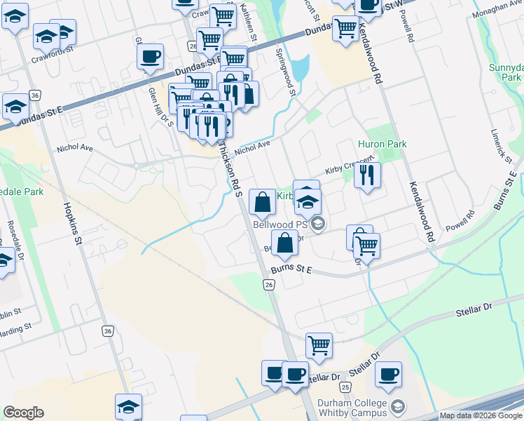 map of restaurants, bars, coffee shops, grocery stores, and more near 98 Applewood Crescent in Whitby