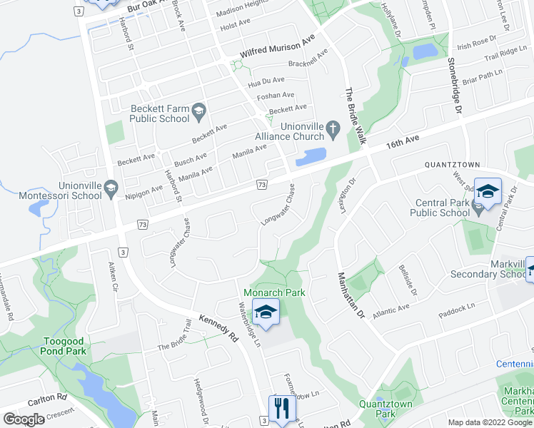 map of restaurants, bars, coffee shops, grocery stores, and more near 116 Longwater Chase in Markham
