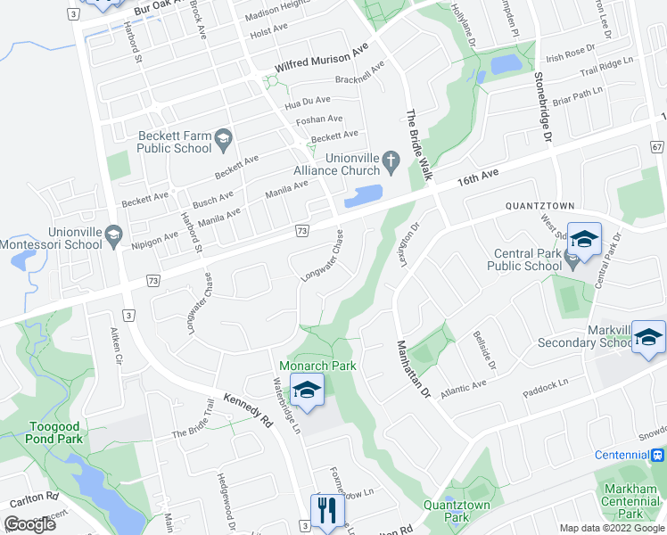 map of restaurants, bars, coffee shops, grocery stores, and more near 125 Longwater Chase in Markham