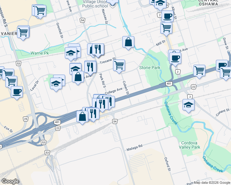 map of restaurants, bars, coffee shops, grocery stores, and more near 235 College Avenue in Oshawa