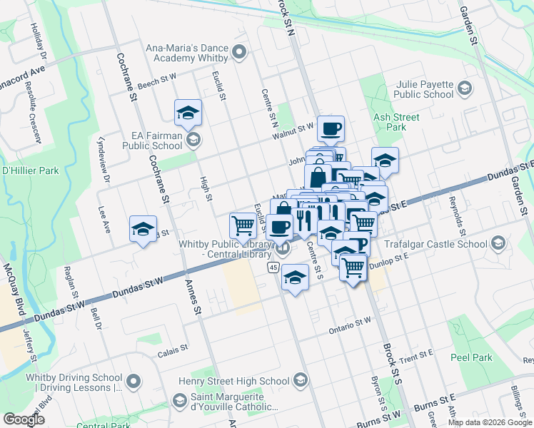 map of restaurants, bars, coffee shops, grocery stores, and more near 117 Euclid Street in Whitby
