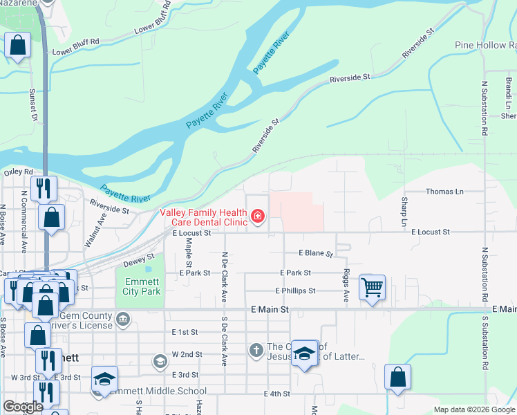 map of restaurants, bars, coffee shops, grocery stores, and more near 555 North Butte Avenue in Emmett