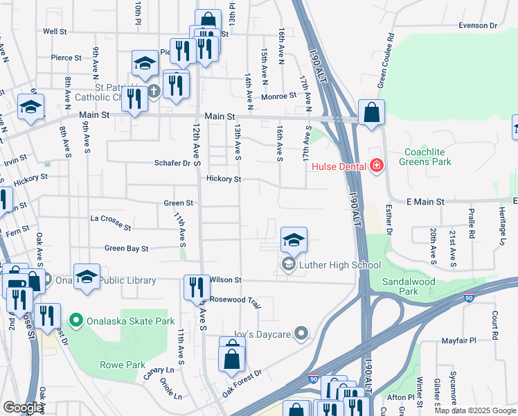 map of restaurants, bars, coffee shops, grocery stores, and more near 1301 Greenbay Street in Onalaska