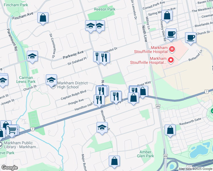map of restaurants, bars, coffee shops, grocery stores, and more near 10 Knightsbridge Way in Markham