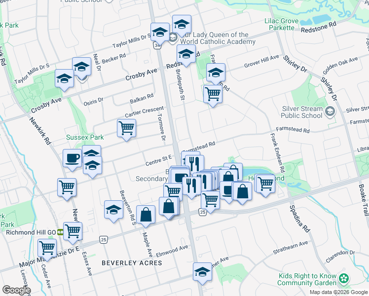 map of restaurants, bars, coffee shops, grocery stores, and more near in Richmond Hill
