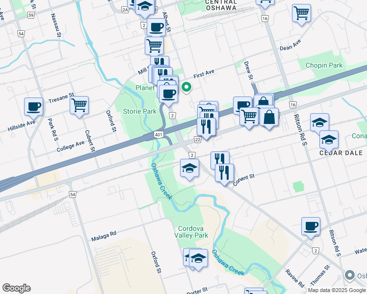 map of restaurants, bars, coffee shops, grocery stores, and more near 1 Bloor Street East in Oshawa