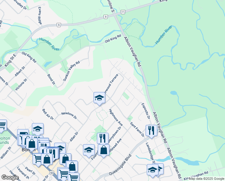 map of restaurants, bars, coffee shops, grocery stores, and more near 76 Riverwood Terrace in Bolton