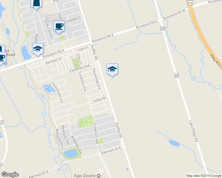 map of restaurants, bars, coffee shops, grocery stores, and more near 709 Audley Road in Ajax