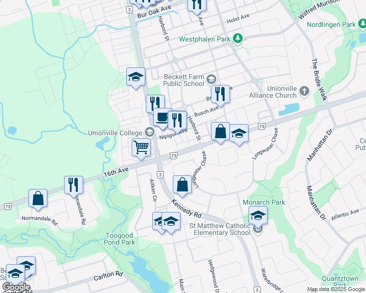 map of restaurants, bars, coffee shops, grocery stores, and more near 4568 16th Avenue in Markham