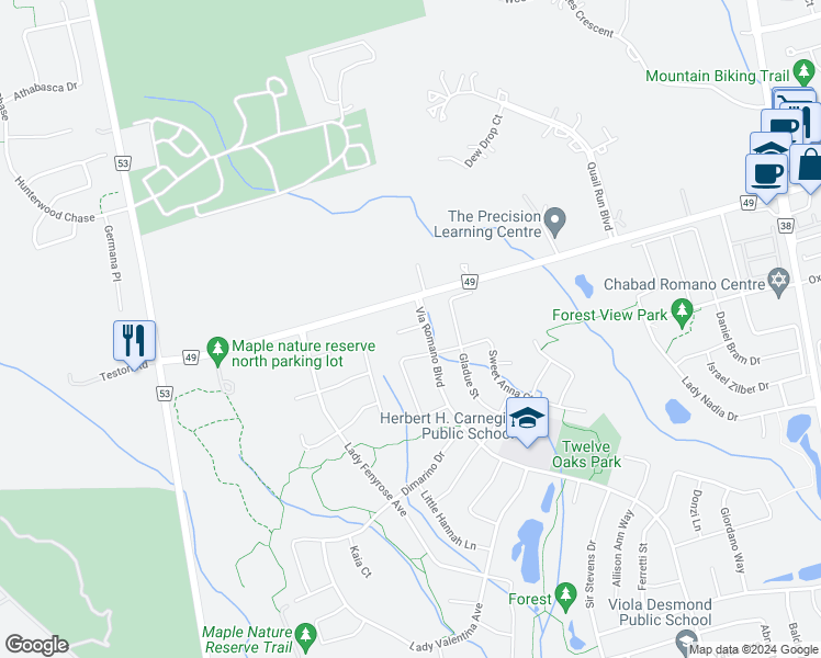 map of restaurants, bars, coffee shops, grocery stores, and more near 5 Countrywide Court in Vaughan