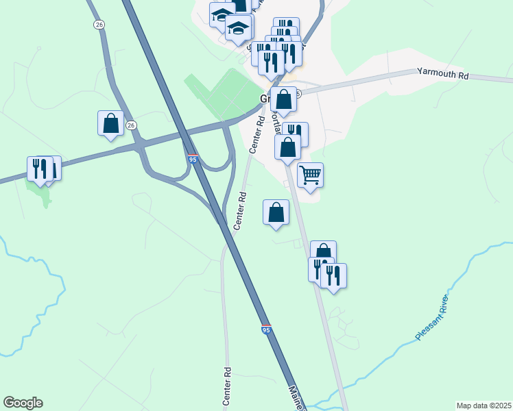 map of restaurants, bars, coffee shops, grocery stores, and more near 25 Center Road in Gray
