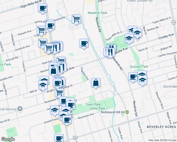 map of restaurants, bars, coffee shops, grocery stores, and more near in Richmond Hill