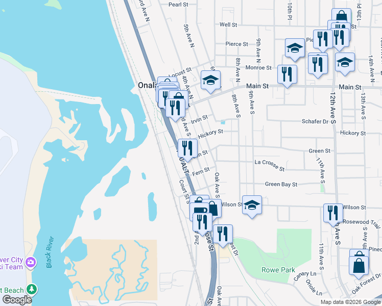 map of restaurants, bars, coffee shops, grocery stores, and more near 300 Hickory Street in Onalaska