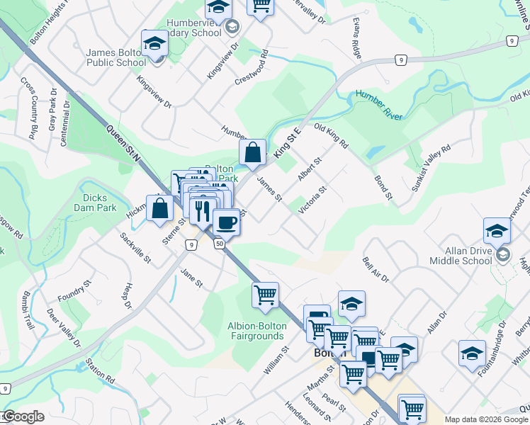 map of restaurants, bars, coffee shops, grocery stores, and more near 79 Louisa Street in Caledon