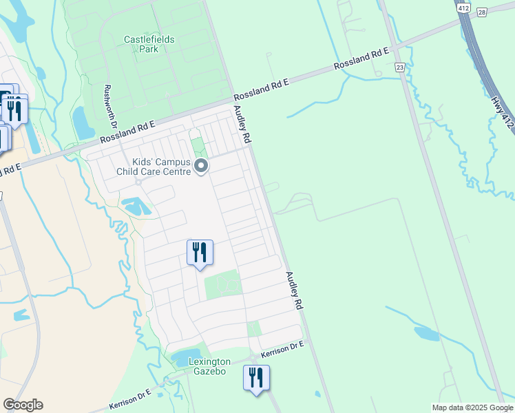 map of restaurants, bars, coffee shops, grocery stores, and more near 51 Devineridge Avenue in Ajax