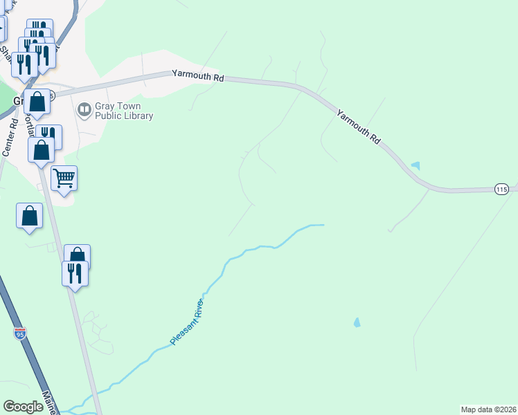 map of restaurants, bars, coffee shops, grocery stores, and more near 15 Woodcock Drive in Gray