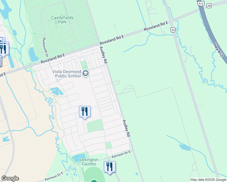 map of restaurants, bars, coffee shops, grocery stores, and more near 848 Audley Road in Ajax