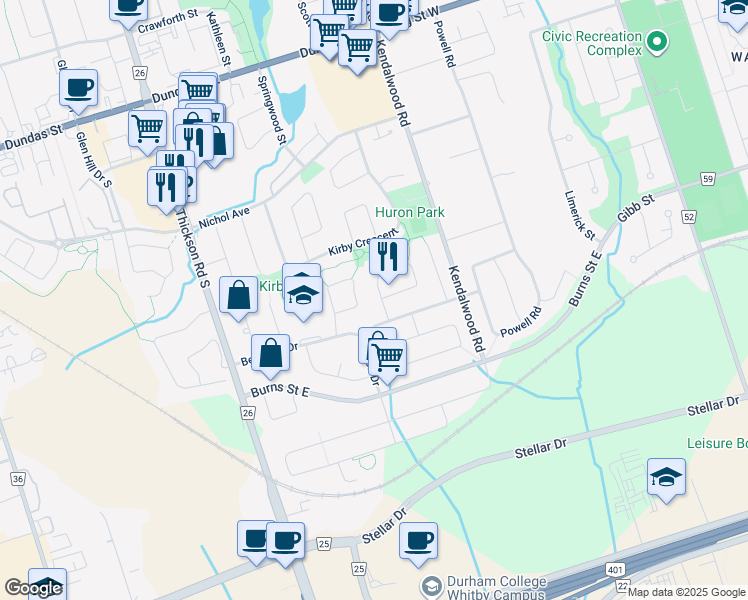 map of restaurants, bars, coffee shops, grocery stores, and more near 12 Mayflower Street in Whitby