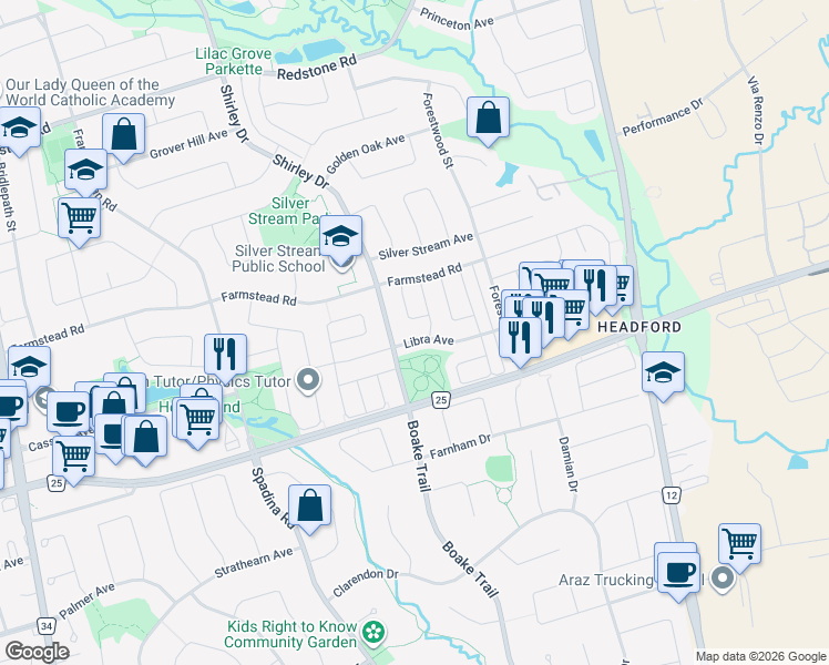 map of restaurants, bars, coffee shops, grocery stores, and more near 44 Libra Avenue in Richmond Hill