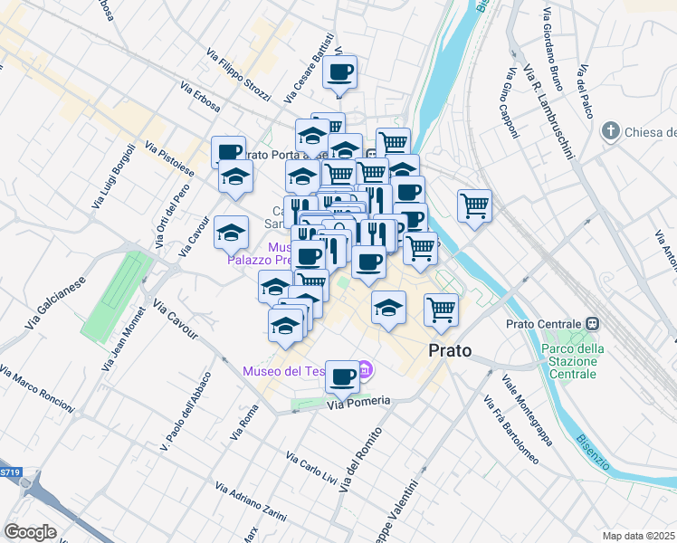map of restaurants, bars, coffee shops, grocery stores, and more near 1 Via Bettino Ricasoli in Prato