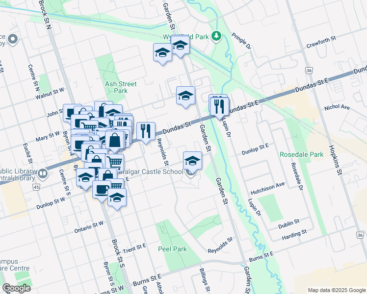 map of restaurants, bars, coffee shops, grocery stores, and more near 28 Calloway Way in Whitby