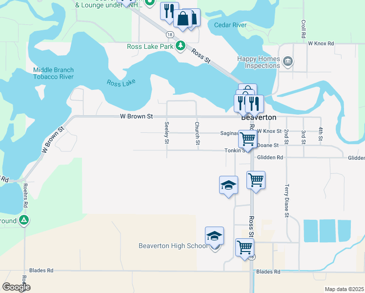 map of restaurants, bars, coffee shops, grocery stores, and more near 223 Saginaw Street in Beaverton