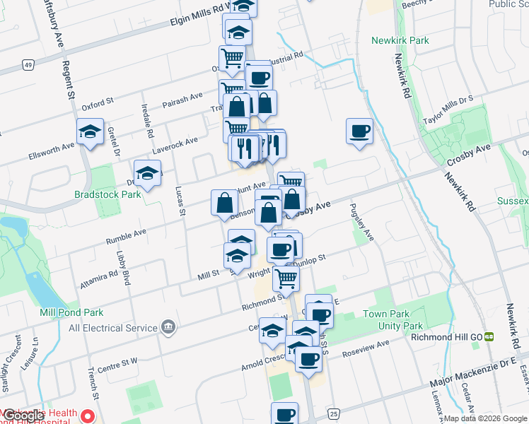 map of restaurants, bars, coffee shops, grocery stores, and more near 10376 Yonge Street in Richmond Hill