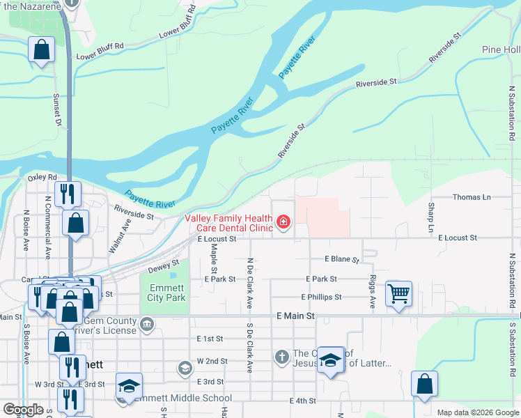 map of restaurants, bars, coffee shops, grocery stores, and more near 651 North Moffatt Avenue in Emmett