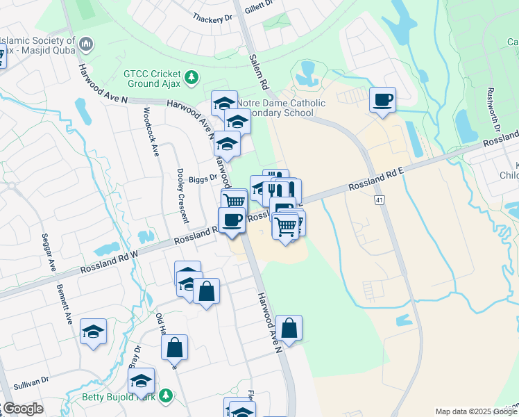 map of restaurants, bars, coffee shops, grocery stores, and more near 154 Rossland Road East in Ajax