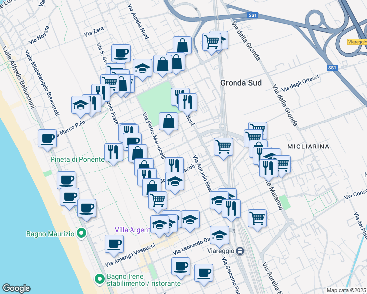 map of restaurants, bars, coffee shops, grocery stores, and more near 174 Via Antonio Rosmini in Viareggio