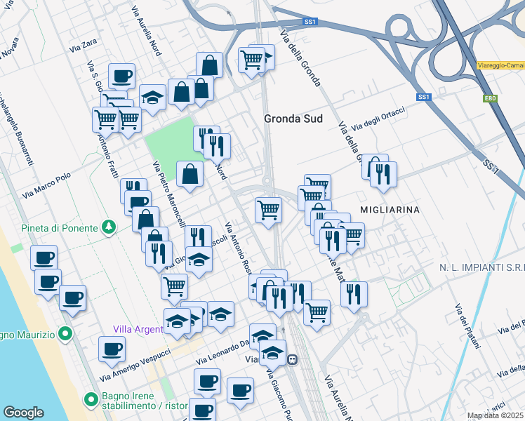map of restaurants, bars, coffee shops, grocery stores, and more near 19 Via Martiri di Belfiore in Viareggio