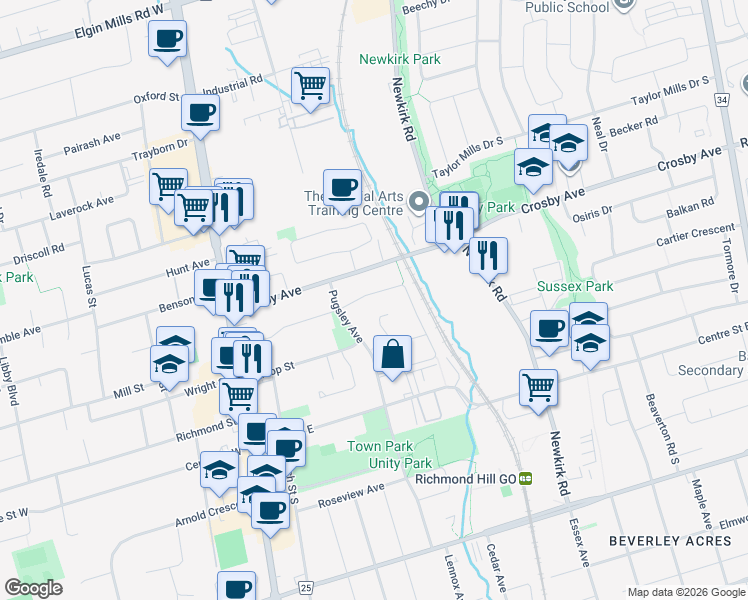 map of restaurants, bars, coffee shops, grocery stores, and more near 21 Belvedere Crescent in Richmond Hill