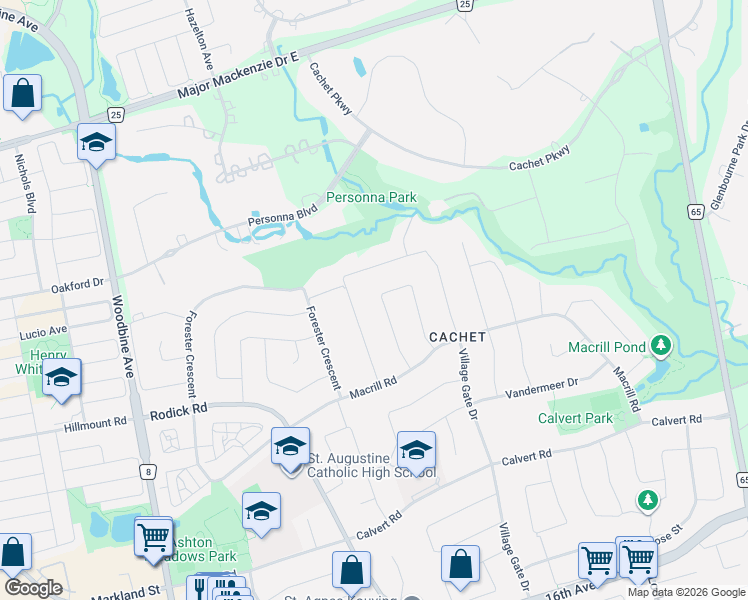 map of restaurants, bars, coffee shops, grocery stores, and more near 36 Goldring Crescent in Markham
