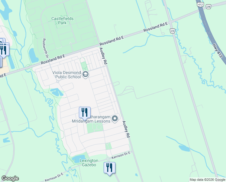 map of restaurants, bars, coffee shops, grocery stores, and more near 852 Audley Road in Ajax