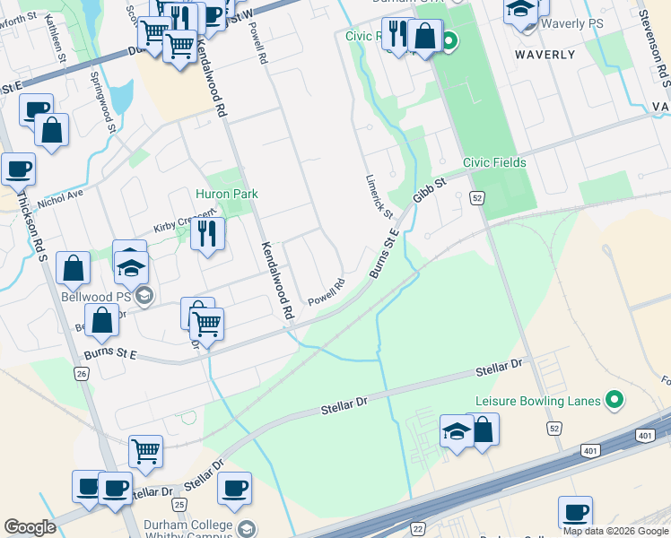 map of restaurants, bars, coffee shops, grocery stores, and more near 522 Powell Road in Whitby