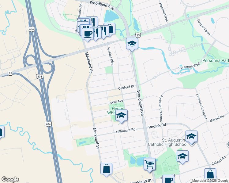 map of restaurants, bars, coffee shops, grocery stores, and more near 33 Oakford Drive in Markham