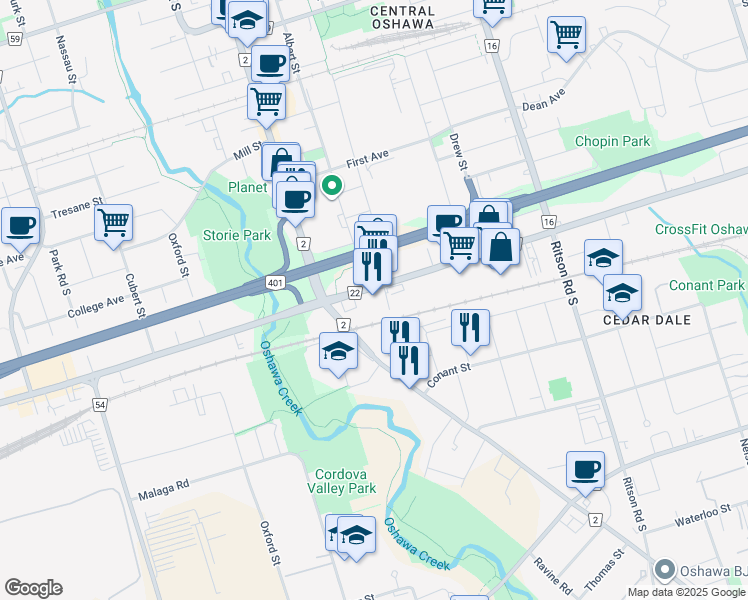 map of restaurants, bars, coffee shops, grocery stores, and more near 45 Bloor Street East in Oshawa