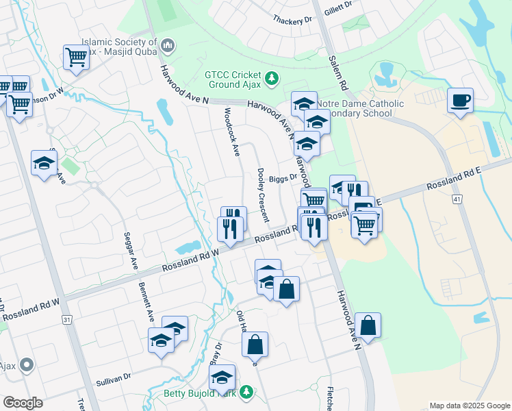 map of restaurants, bars, coffee shops, grocery stores, and more near in Ajax