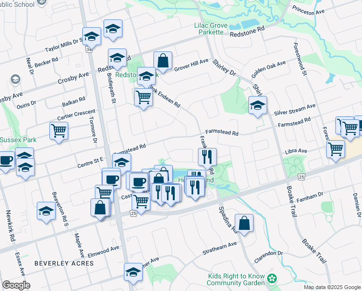 map of restaurants, bars, coffee shops, grocery stores, and more near 87 Farmstead Road in Richmond Hill