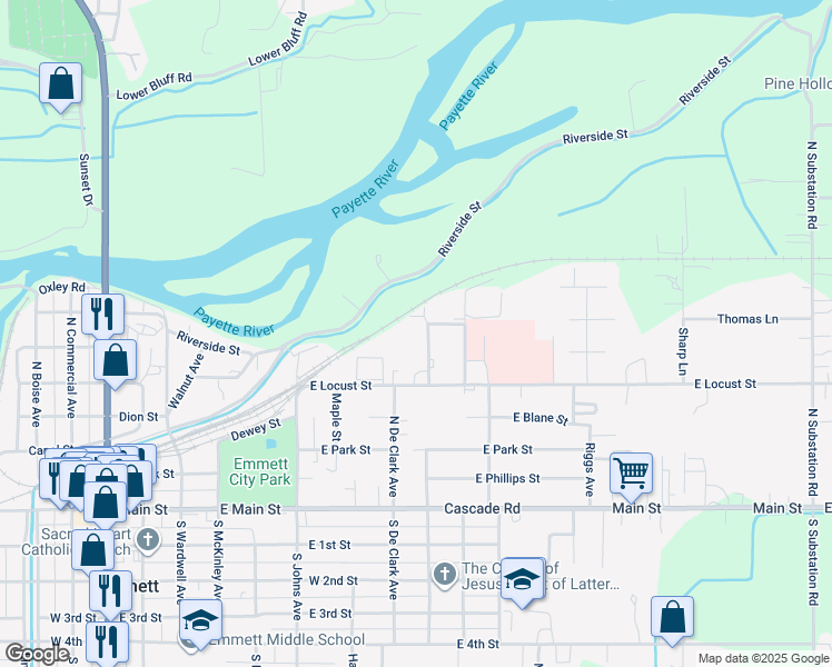 map of restaurants, bars, coffee shops, grocery stores, and more near 561 North Moffatt Avenue in Emmett