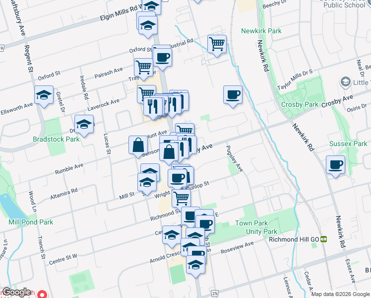 map of restaurants, bars, coffee shops, grocery stores, and more near 10375 Yonge Street in Richmond Hill