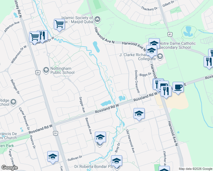 map of restaurants, bars, coffee shops, grocery stores, and more near 55 Armitage Crescent in Ajax