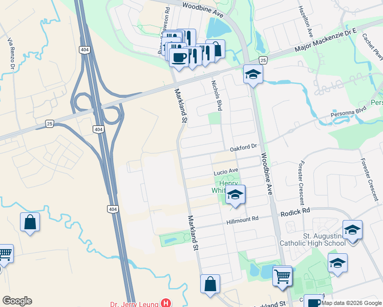 map of restaurants, bars, coffee shops, grocery stores, and more near 64 Oakford Drive in Markham